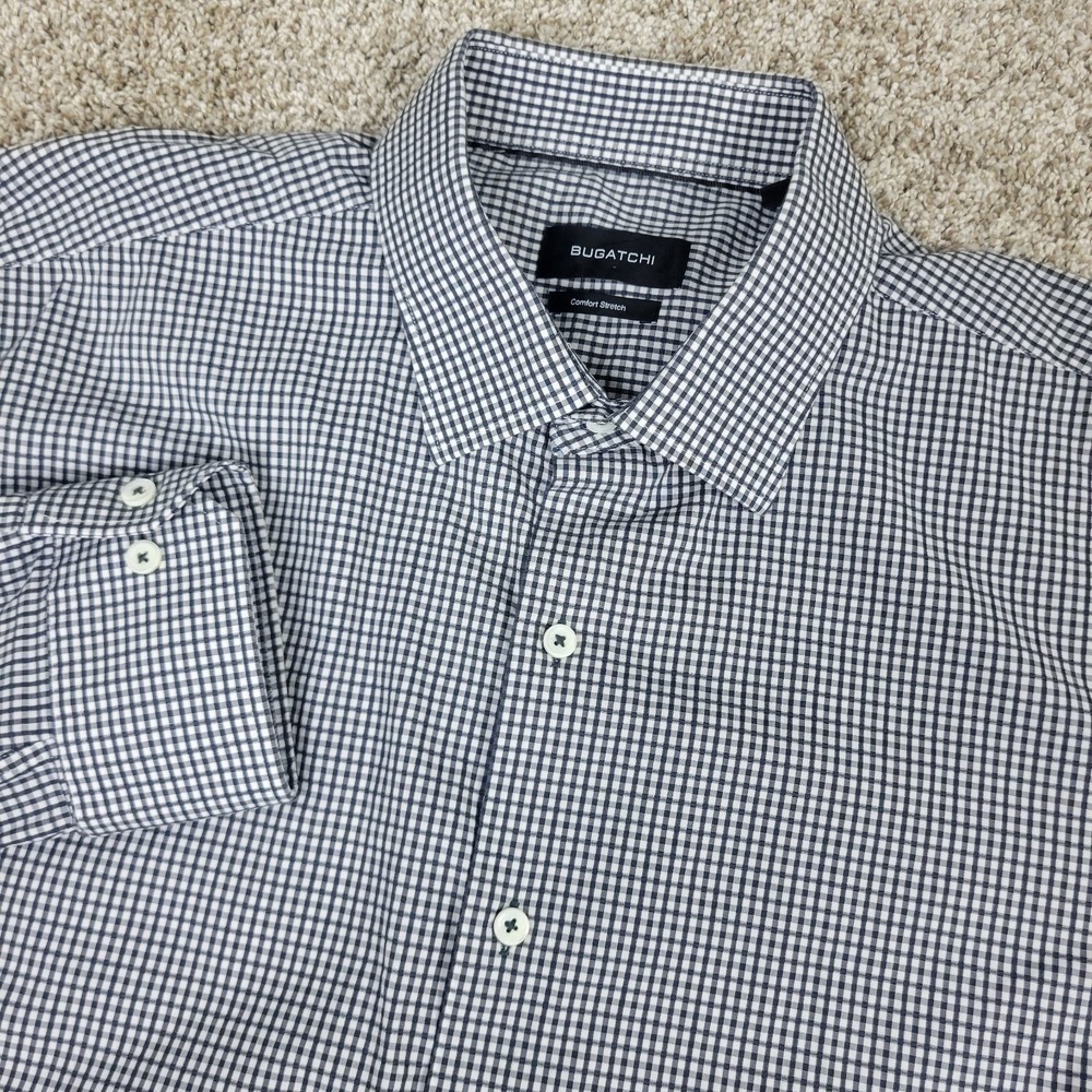 Bugatchi Comfort Stretch Mens 17.5-36/37 Black White Check Button Up Long Sleeve